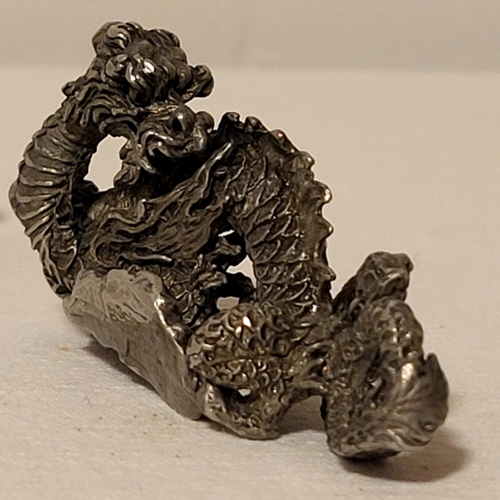 Miniature pewter figurine signed "science fiction" Dragon Serpent Diorama